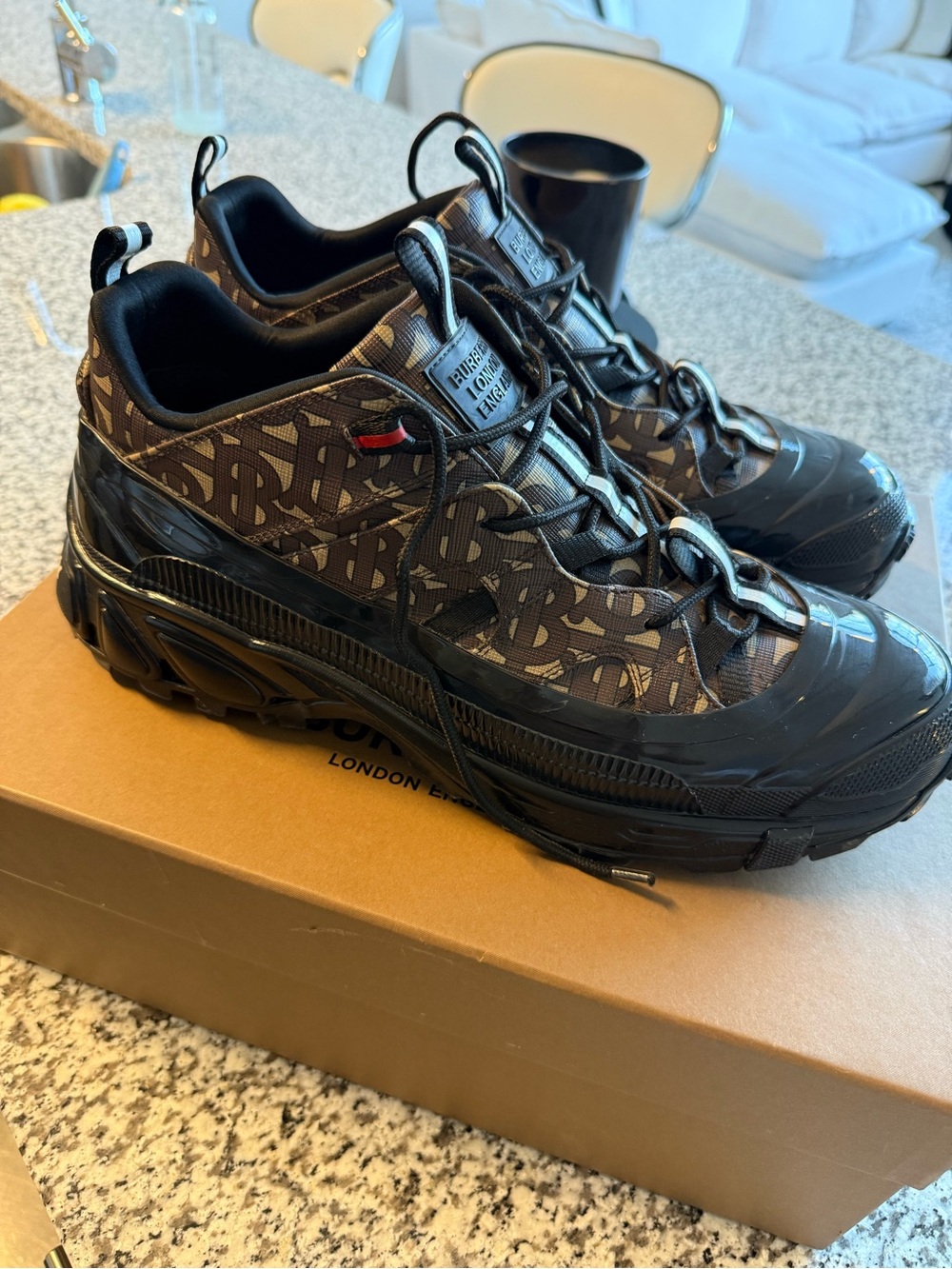 Authentic Burberry Black and Brown Monogram Trail Sneaker